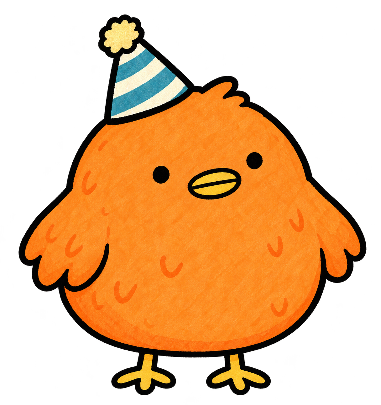Peepi, a tiny orange chick in a striped party hat