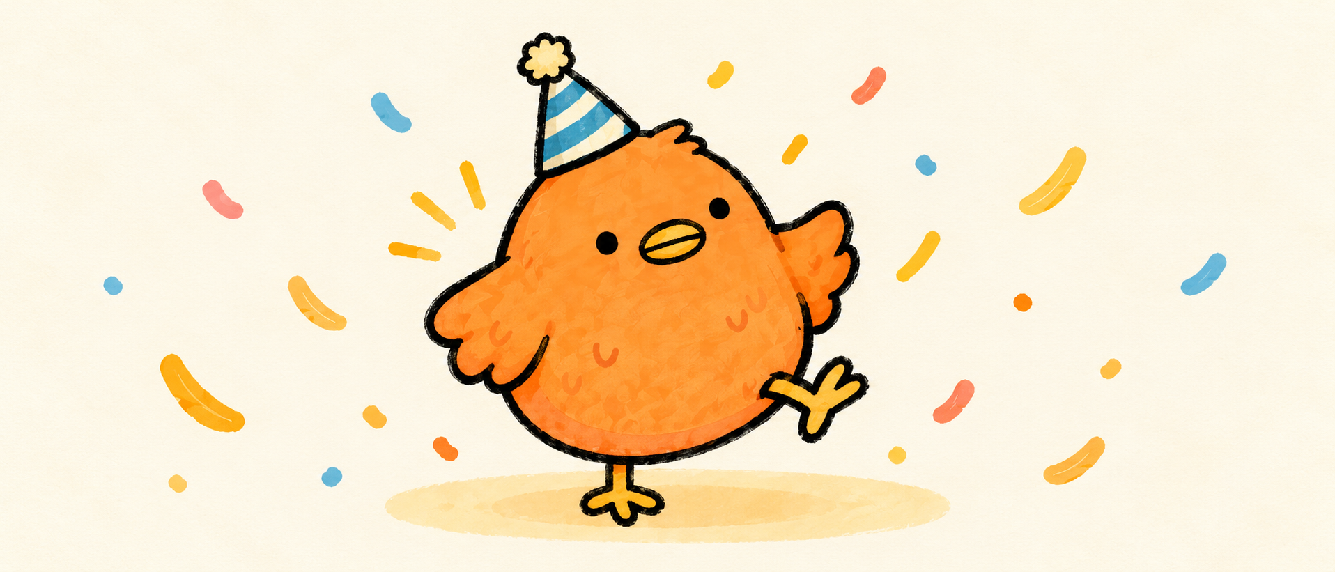 Peepi dancing in a sprinkle of confetti