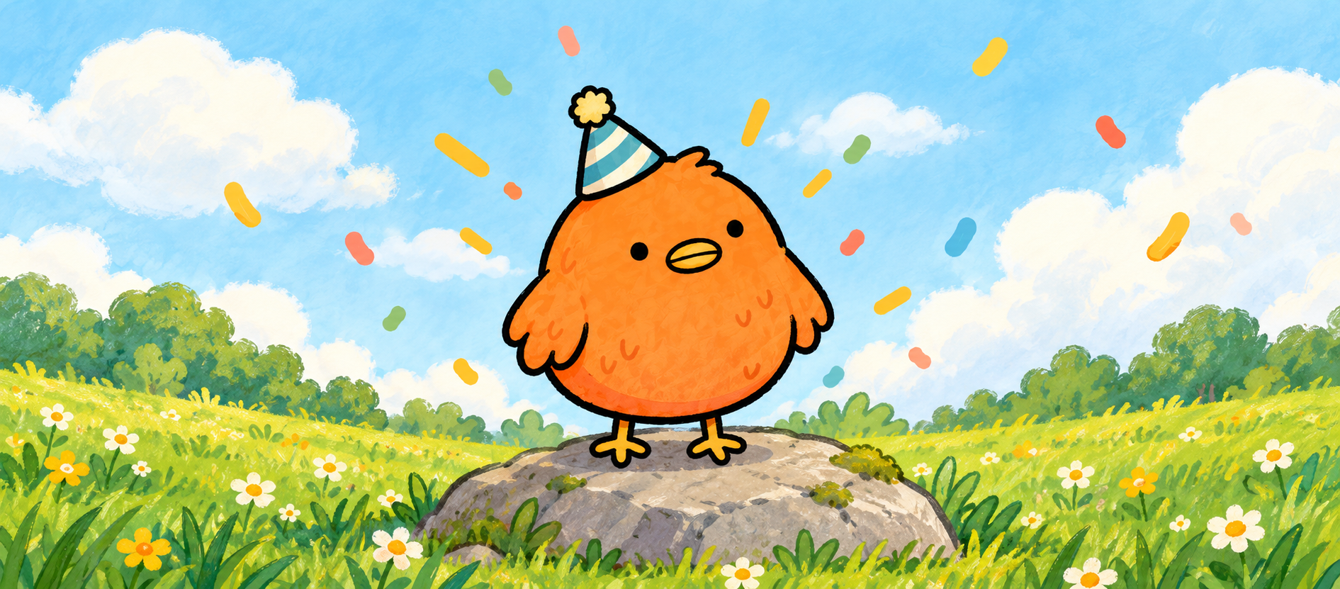 Peepi standing on a rock in a flower meadow